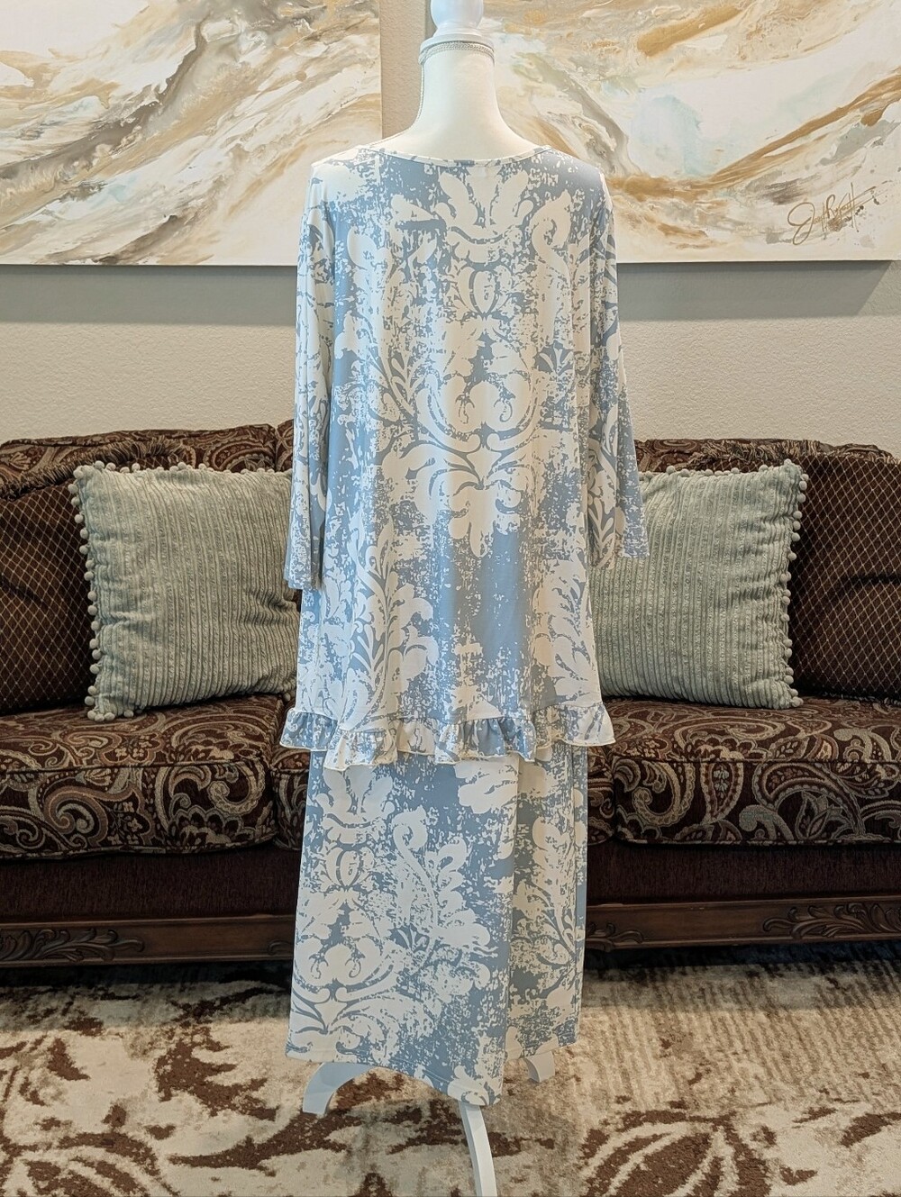 Light Blue and Ivory Print Two-Piece Dress Set - Picture 4 of 4